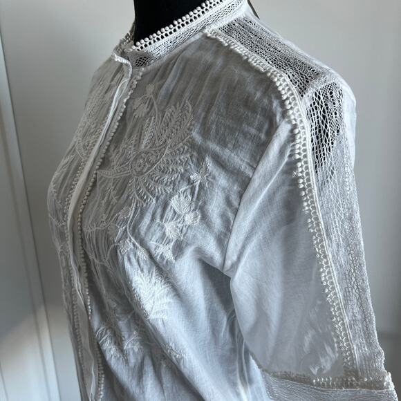 J Crew Embroidered Lace Trim Button Up Shirt In Cotton Voile Size 2 White FLAWS - Picture 9 of 16